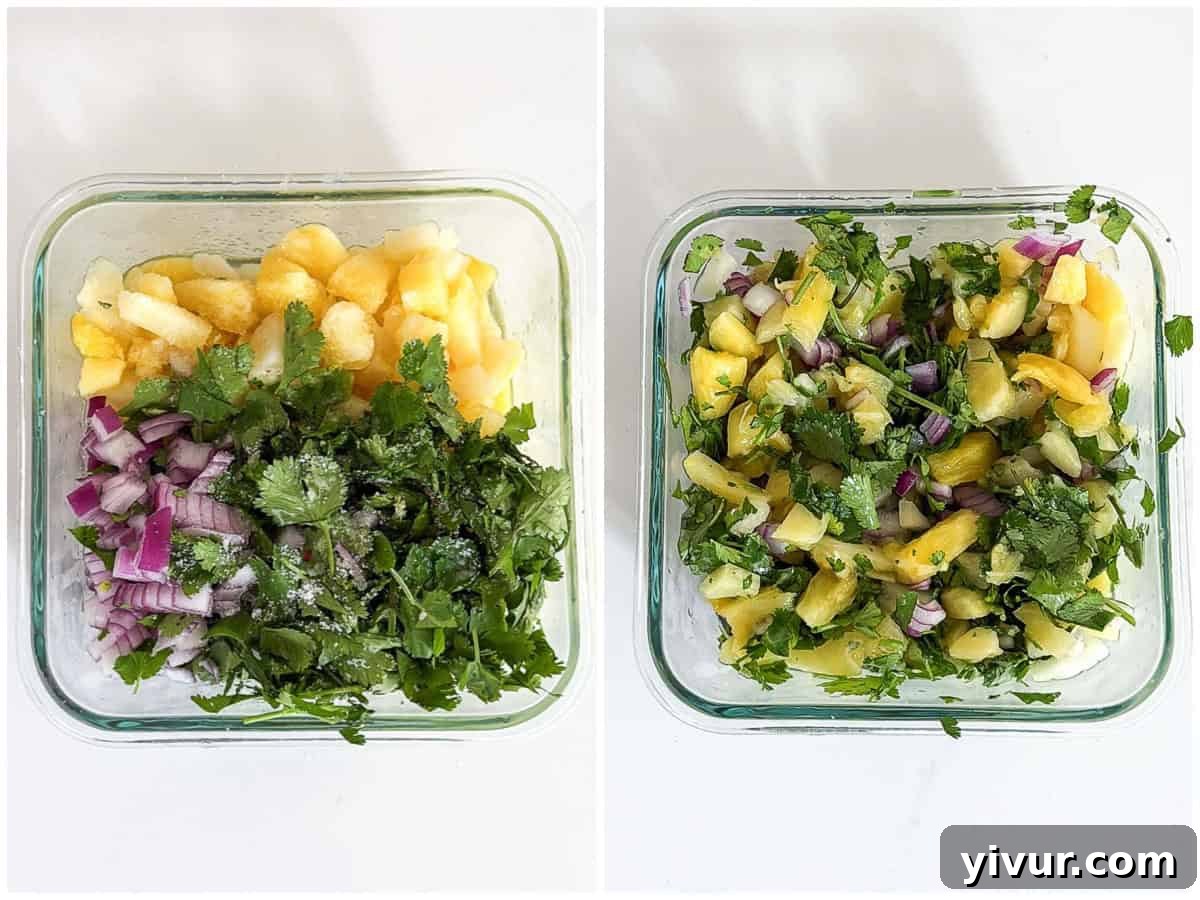 A two-part image showing the creation of pineapple salsa. On the left, fresh pineapple chunks, finely chopped red onion, and vibrant cilantro are separate in a glass container. On the right, these ingredients are mixed together, forming a colorful and fresh salsa—a perfect accompaniment for Hawaiian Chicken made in an Instant Pot.