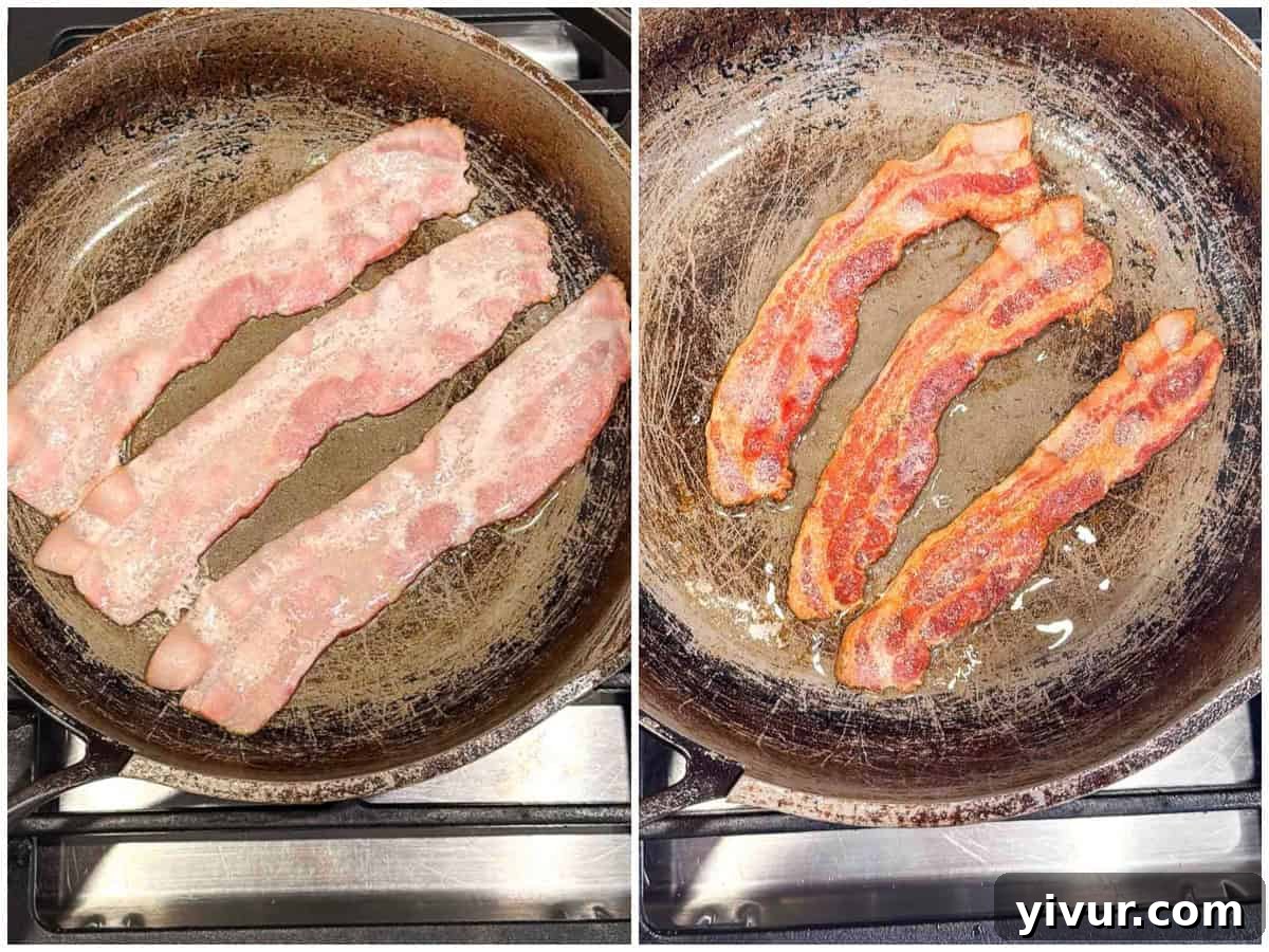 Side-by-side images show three strips of high protein bacon in a frying pan: on the left, the bacon is raw; on the right, it's cooked and crispy. The pan sits on a stove in both images.