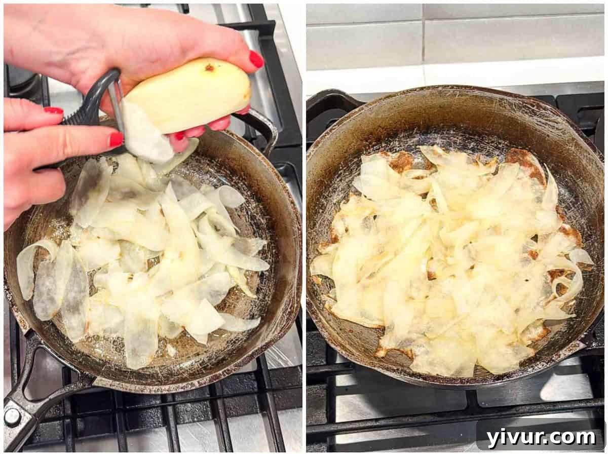 Two-panel image: On the left, hands peel thin strips from a potato over a pan; on the right, crispy potato strips are spread out and cooking in a frying pan on a stovetop, forming the breakfast burrito shell.