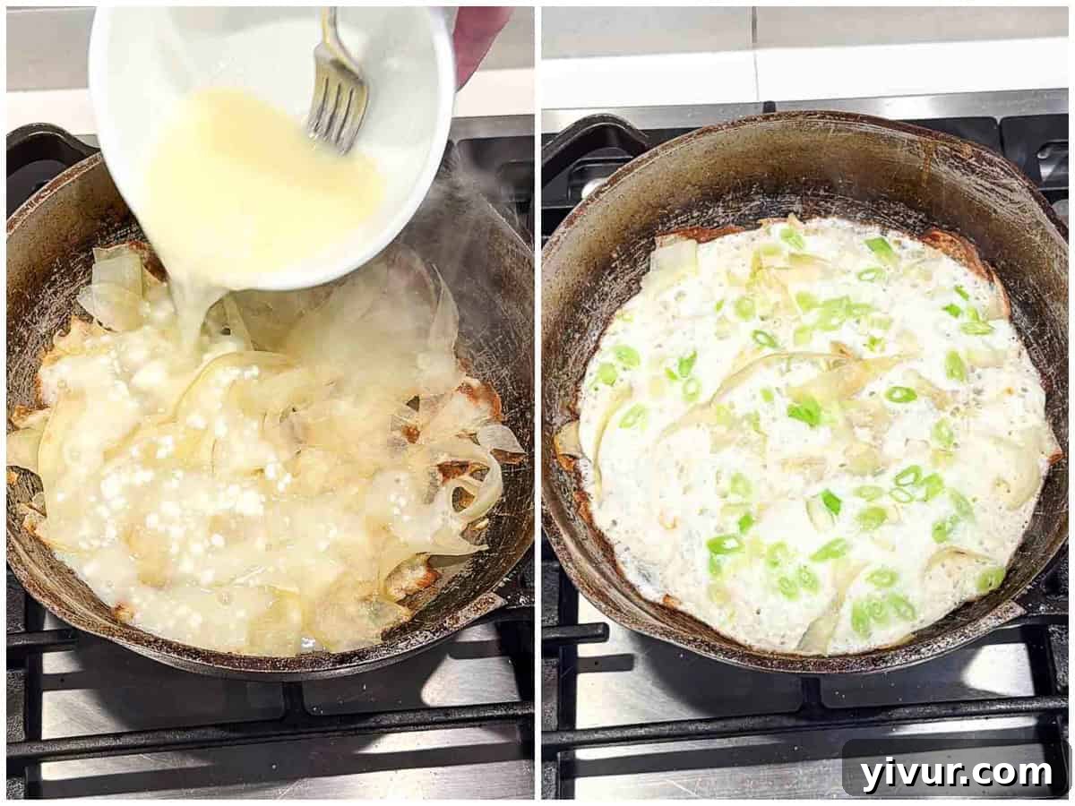 Two-panel image: On the left, a hand pours a liquid mixture over sautéed ingredients in a pan. On the right, the pan shows a high-protein, creamy egg and onion dish topped with sliced green onions, ready for a breakfast burrito.