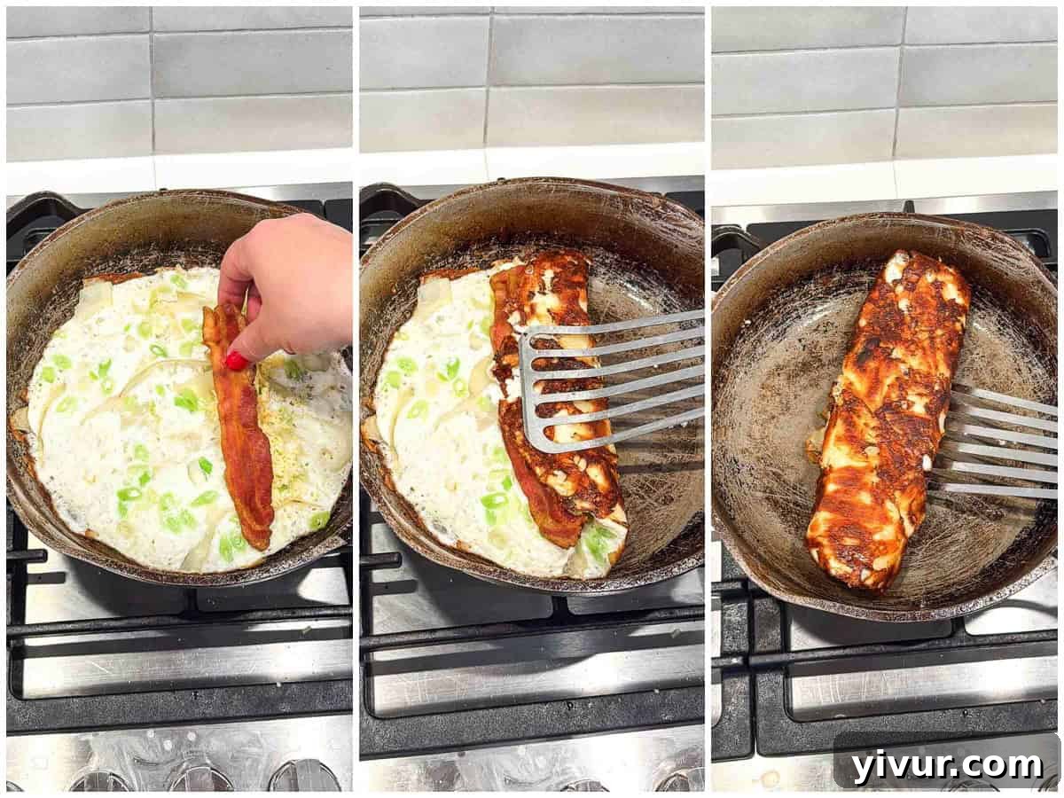 Three photos show the steps to cooking a high protein egg and bacon wrap in a pan. A hand places crispy bacon on eggs in the first image, folds the eggs in the second, and the wrap is fully cooked and flipped with a spatula in the third.