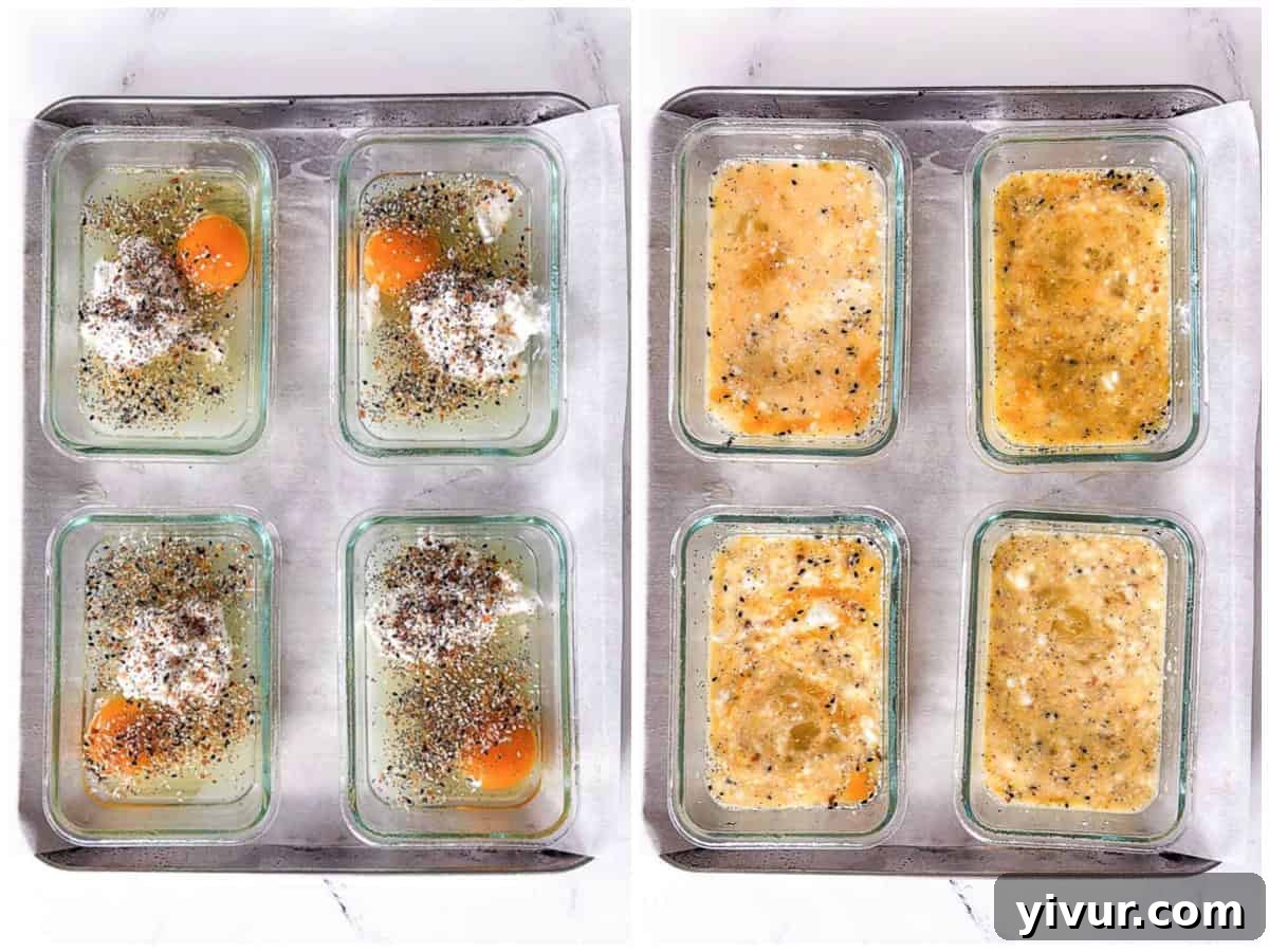 High-Protein Ham, Egg & Potato Meal Prep Bowls for Busy Days 4 Two photos side by side show four glass containers in a baking tray. The left image has raw eggs, spices, flour, and diced ham and potato in each container; the right image shows this high-protein meal prep mixed together in each container.