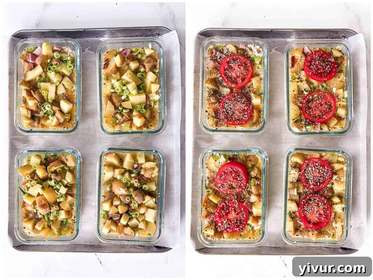 High-Protein Ham, Egg & Potato Meal Prep Bowls for Busy Days 5 Two side-by-side images show four glass meal prep containers each, filled with diced potatoes and green onions. The right set, perfect for high protein meal prep, is topped with tomato slices and seasonings; the left is not yet topped.